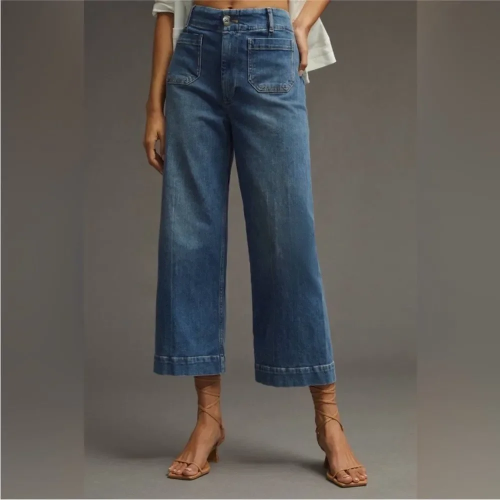 Anthropolgie Pilcro NWT The Skipper Cropped High-Rise Wide-Leg Jeans Med Blue 29